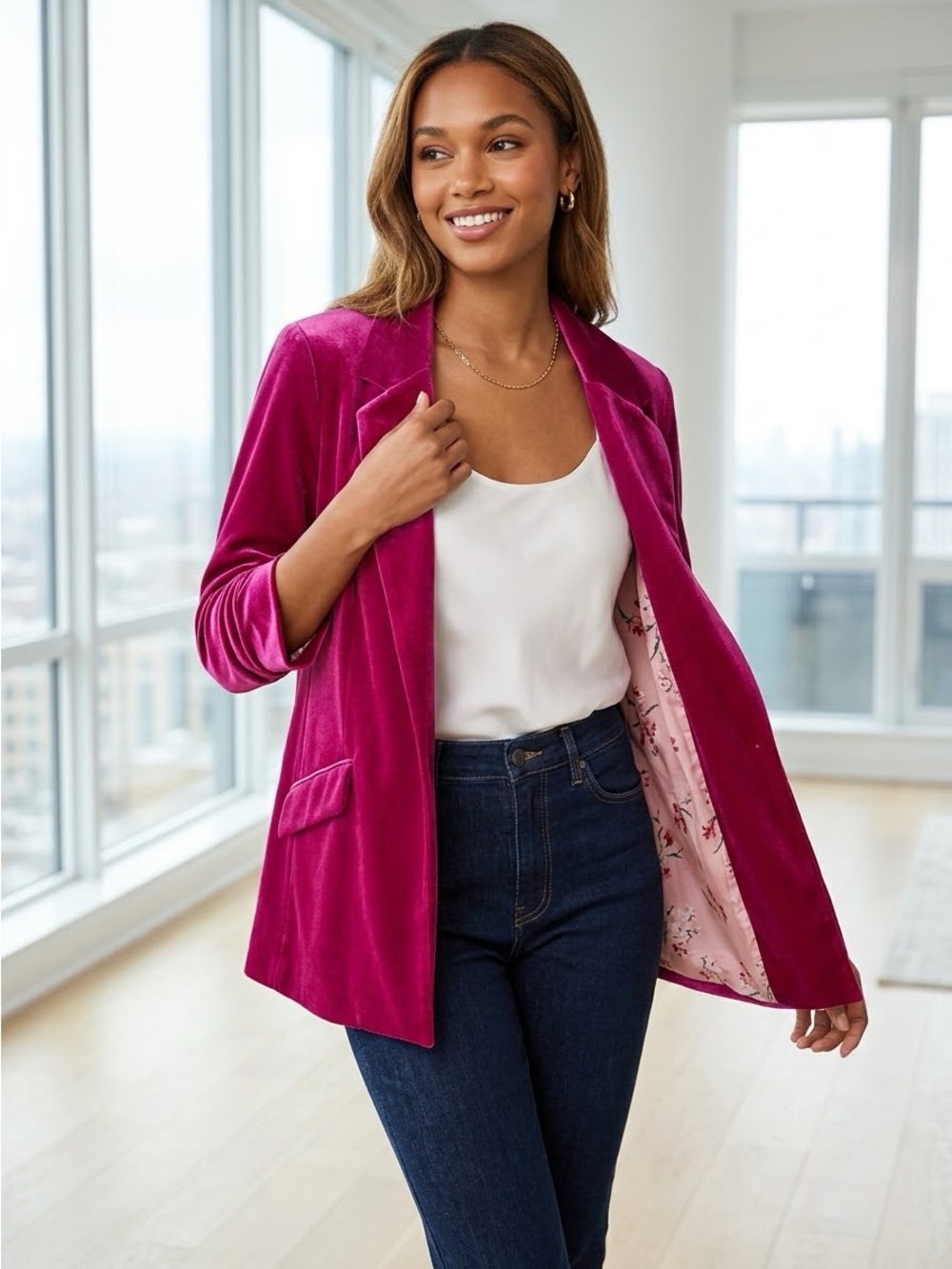 Skies Are Blue Pink Velvet Blazer Large Floral Lined Ruched Sleeve